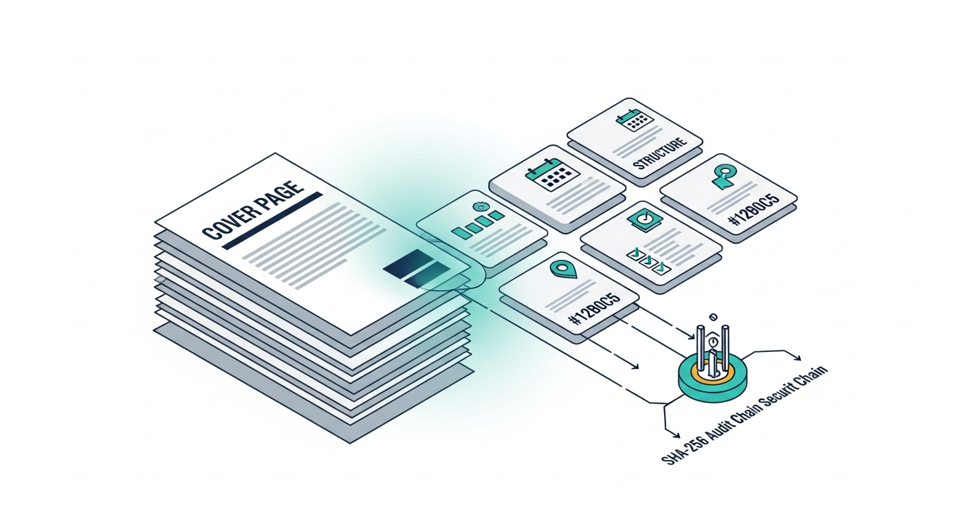 Praxara platform — document intake flowing into structured data and an audit chain